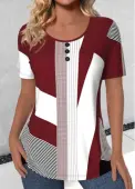 Modlily Deep Red Button Geometric Print Short Sleeve T Shirt - M