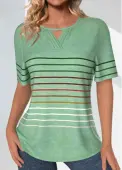 Modlily Light Green Tuck Stitch Striped Short Sleeve T Shirt - L