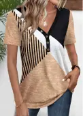 Modlily Light Camel Patchwork Geometric Print Short Sleeve T Shirt - XXL