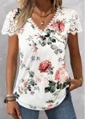 Modlily White Lace Floral Print Short Sleeve T Shirt - XXL