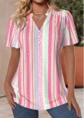 Modlily Pink Frill Striped Short Sleeve V Neck Blouse - M