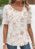 Modlily Light Pink Patchwork Floral Print Short Sleeve Blouse - M