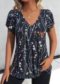Modlily Navy Floral Print Short Sleeve V Neck T Shirt - M