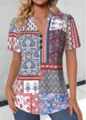 Modlily Multi Color Button Patchwork Short Sleeve V Neck Blouse - L