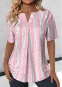 Modlily Light Pink Button Plus Size Striped Short Sleeve Blouse - 3X