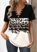 Modlily Black Button Leopard Short Sleeve Split Neck T Shirt - L