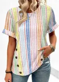 Modlily Multi Color Button Striped Short Sleeve T Shirt - L