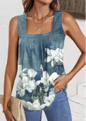 Modlily Dusty Blue Pleated Floral Print Sleeveless Tank Top - M