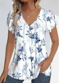 Modlily White Tuck Stitch Floral Print Short Sleeve T Shirt - S