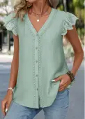 Modlily Sage Green Patchwork Short Sleeve V Neck Blouse - L