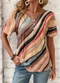 Modlily Multi Color Button Geometric Print Short Sleeve T Shirt - XXL