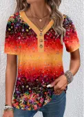 Modlily Orange Button Ditsy Floral Print Short Sleeve T Shirt - M