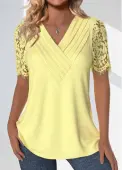 Modlily Light Yellow Lace Short Sleeve V Neck T Shirt - M