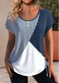 Modlily Navy Patchwork Striped Short Sleeve Round Neck T Shirt - M