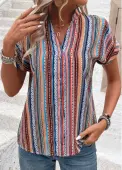 Modlily Multi Color Button Tribal Print Short Sleeve Blouse - 2XL