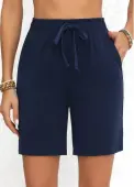 Modlily Navy Double Side Pockets Elastic Waist High Waisted Shorts - L