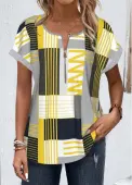Modlily Multi Color Zipper Geometric Print Short Sleeve Blouse - M