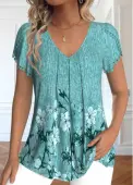 Modlily Mint Green Embroidery Floral Print Short Sleeve T Shirt - L