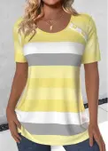 Modlily Light Yellow Button Striped Short Sleeve T Shirt - L