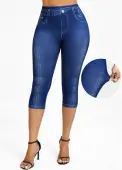 Modlily Denim Blue Denim-effect Print High Waisted Capri Leggings - M