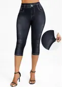 Modlily Black Denim-effect Print High Waisted Capri Elastic Waist Leggings - XL