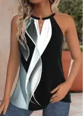 Modlily Black Bowknot Geometric Print Sleeveless Halter Tank Top - XXL