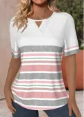 Modlily Light Pink Tuck Stitch Striped Short Sleeve T Shirt - XL