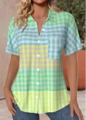 Modlily Multi Color Pocket Plaid Short Sleeve Shirt Collar Blouse - XL