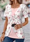 Modlily Light Pink Fake 2in1 Floral Print T Shirt - M