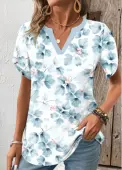 Modlily Light Blue Patchwork Random Floral Print Short Sleeve Blouse - M