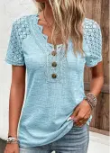 Modlily Light Blue Lace Short Sleeve V Neck T Shirt - L