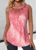Modlily Pink Lace Tribal Print Sleeveless Round Neck Tank Top - M