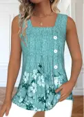 Modlily Mint Green Button Floral Print Sleeveless Tank Top - XXL