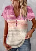Modlily Pink Patchwork Ombre Short Sleeve V Neck T Shirt - XL