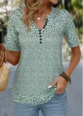 Modlily Sage Green Button Ditsy Floral Print T Shirt - L