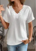 Modlily White Patchwork Short Sleeve V Neck Blouse - XL