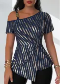 Modlily Navy Twist Geometric Print Short Sleeve T Shirt - XL