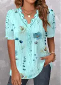 Modlily Cyan Patchwork Floral Print Short Sleeve V Neck Blouse - S