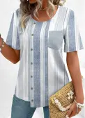 Modlily Dusty Blue Asymmetry Multi Stripe Print Short Sleeve Blouse - L
