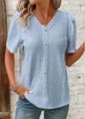 Modlily Blue Patchwork Short Sleeve V Neck Blouse - S
