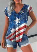 Modlily Blue Button Flag Print Short Sleeve Round Neck Blouse - XL