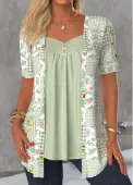 Modlily Sage Green Floral Print Fake Two Piece Twinset - L