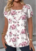 Modlily White Button Floral Print Short Sleeve T Shirt - L