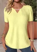 Modlily Light Yellow Pearl Short Sleeve Round Neck T Shirt - M