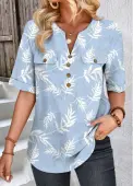 Modlily Blue Patchwork Leaf Print Short Sleeve Split Neck Blouse - XL