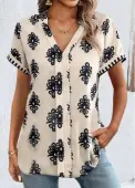 Modlily Light Camel Patchwork Tribal Print Short Sleeve Blouse - M