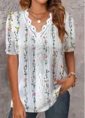 Modlily White Embroidery Floral Print Short Sleeve V Neck Blouse - M
