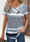 Modlily Navy Button Striped Short Sleeve V Neck T Shirt - S