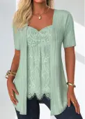 Modlily Sage Green Lace Short Sleeve Fake Two Piece Twinset - M