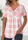 Modlily Light Pink Patchwork Plaid Short Sleeve T Shirt - XL